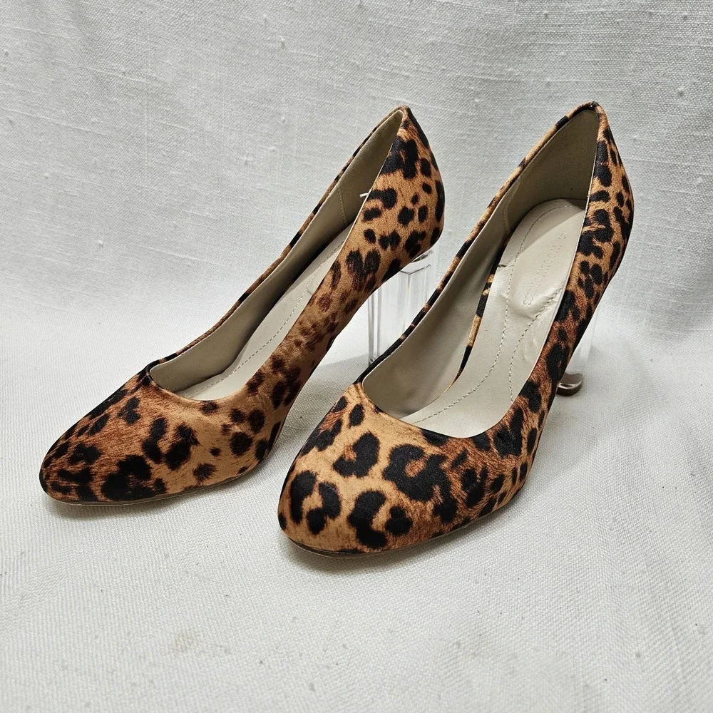 Woolworths Pumps Womens 5 Tan Leopard Animal Print Lucite Clear Block Heel Shoes